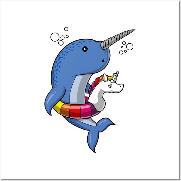 Narwhal Fish Riding Unicorn Float Wall Art by underheaven